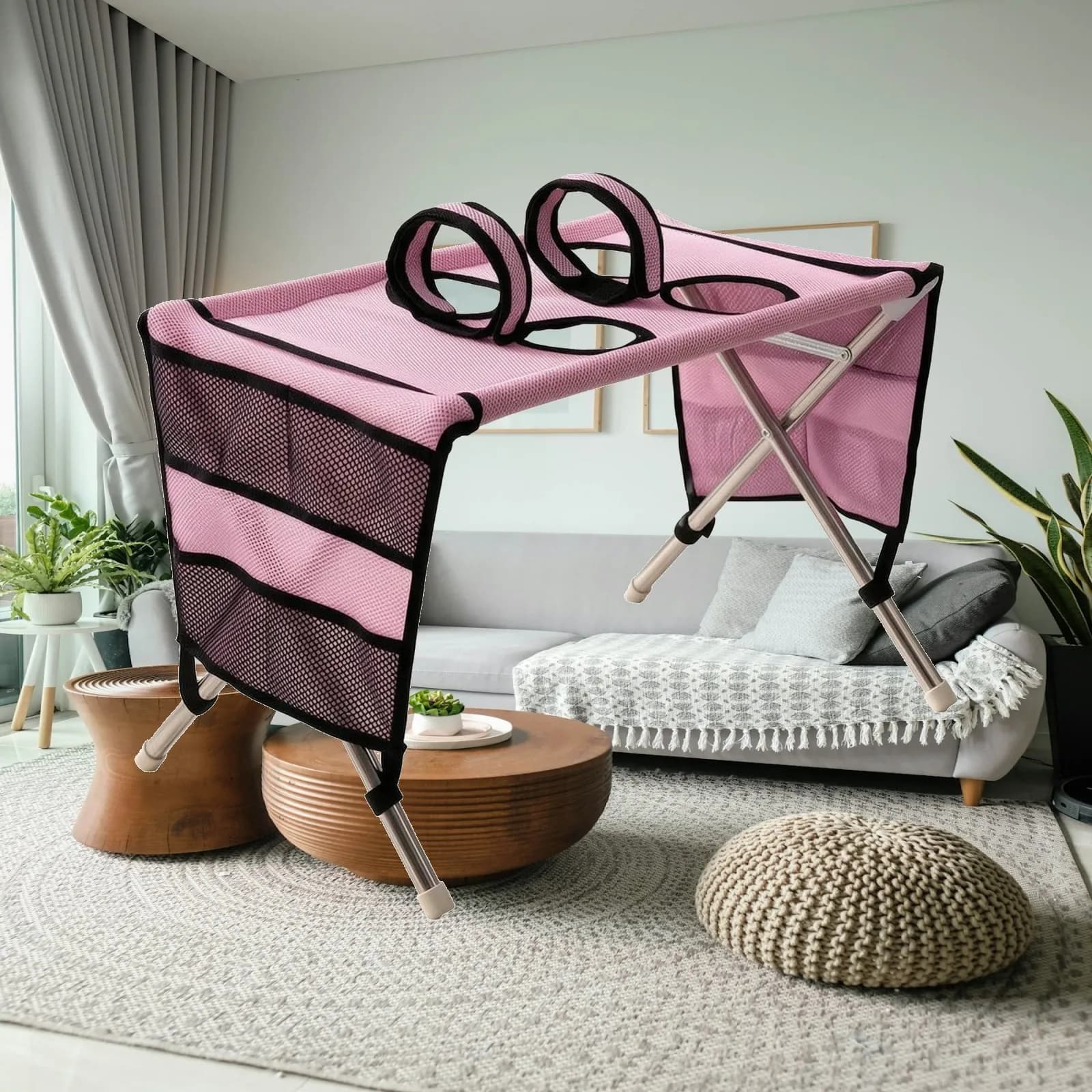 Portable Industrial Bed Style Grooming Table for Pets with Stainless Steel Frame and Pockets