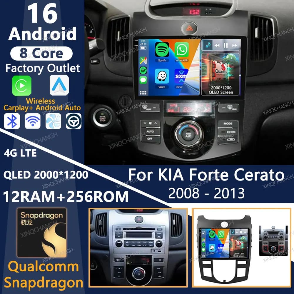 Android 16 Car Radio For KIA Forte Cerato 2008 - 2013 QLED Multimedia Video Player 2DIN Carplay Auto 4G LTE 5G WIFI Head Unit BT