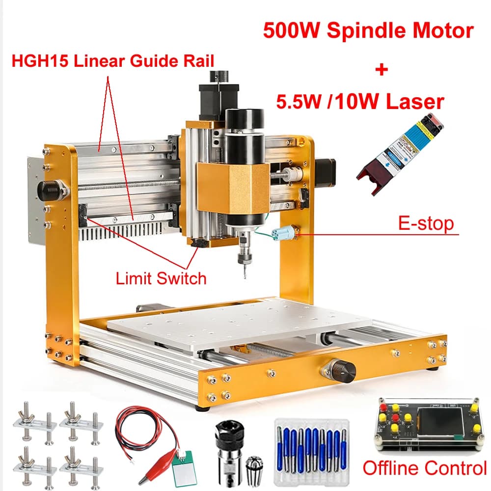 Aluminum Mini CNC Router 3018 5.5W 10W Laser Linear Guide Rail Offline Engraving Machine 500W Spindle PCB Milling Machine