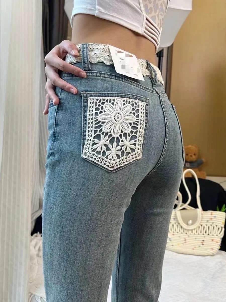 High Waist Bell Bottom Jeans Women's Summer New Style Lace Splicing Micro Flared Denim Pants Long Floor-Length Slimming