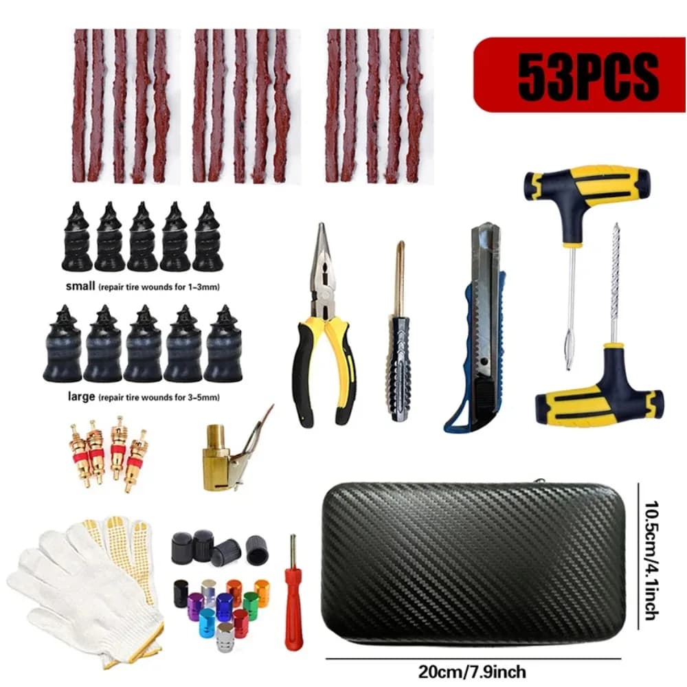 Kit di Riparazione Pneumatici di Emergenza per Auto e Moto - Set di Tappi per Forature Tubeless di Tutte le Misure con Custodia in Fibra di Carbonio per Emergenze Stradali