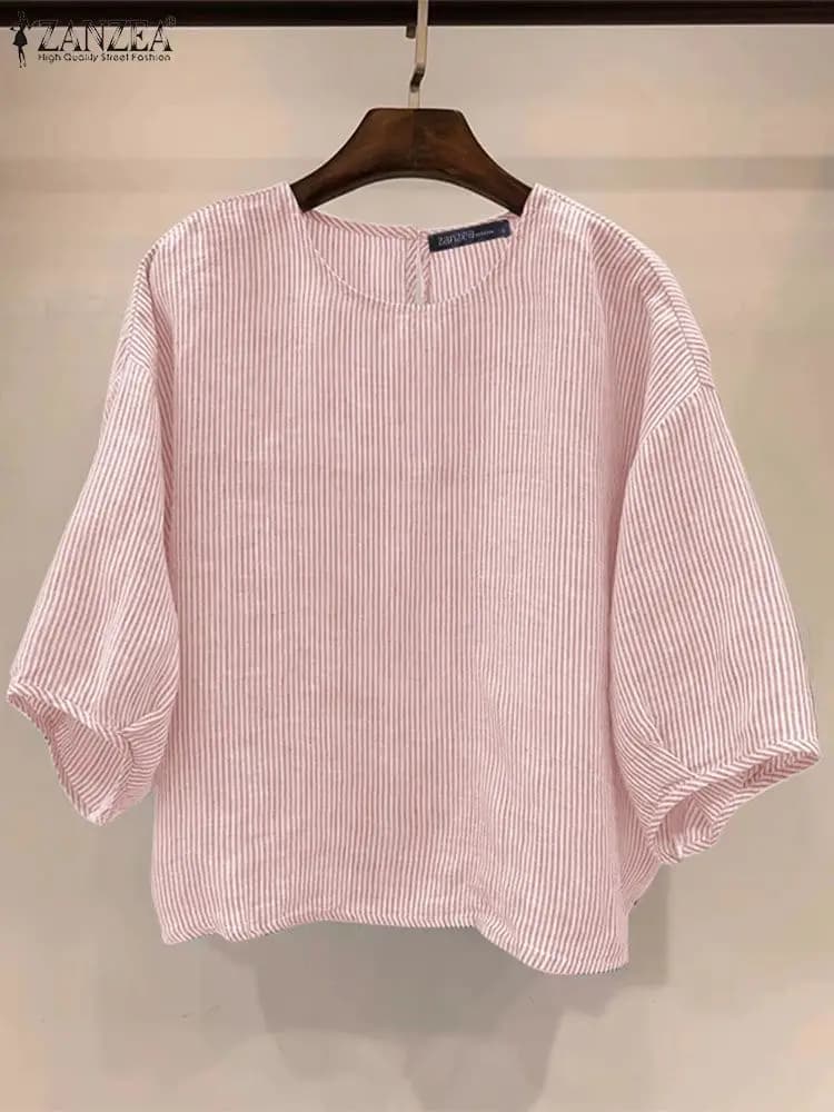 Women Elegant 3/4 Sleeve Work Blouse ZANZEA Summer Striped Shirt Casual O Neck Work Blusas Femininas Loose Holiday Tops Tunic
