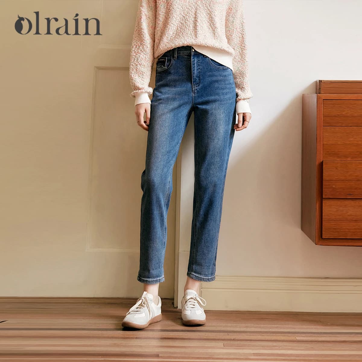 Jeans Dritti in Cotone OLrain da Donna, Collezione Autunno 2026, a Vita Alta, Tinta Unita, Stile Streetwear, Modello a Matita, Lunghezza Intera, N56QA92961