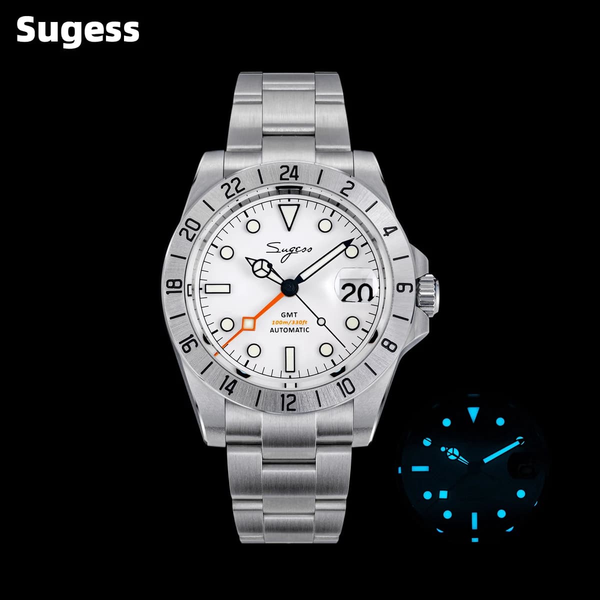 Sugess Orologio da uomo GMT Movimento automatico NH34 100M Orologi da polso meccanici impermeabili Cupola Bracciale limitato in cristallo di zaffiro S463