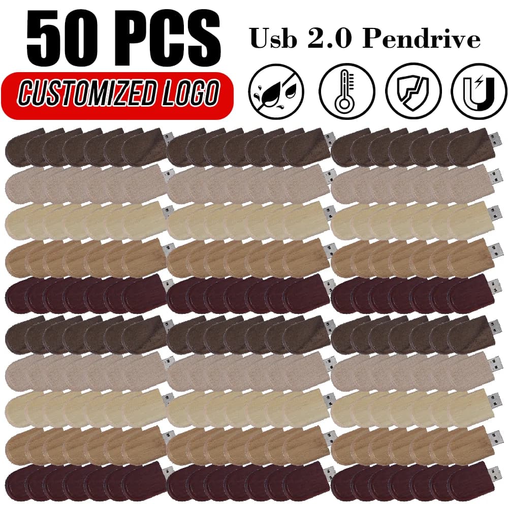 50PCS LOT Wooden USB Flash Drive 128GB Free Custom Logo Memory Stick 64GB Creative Gift Box Pendrive 32GB Real Capacity U Disk