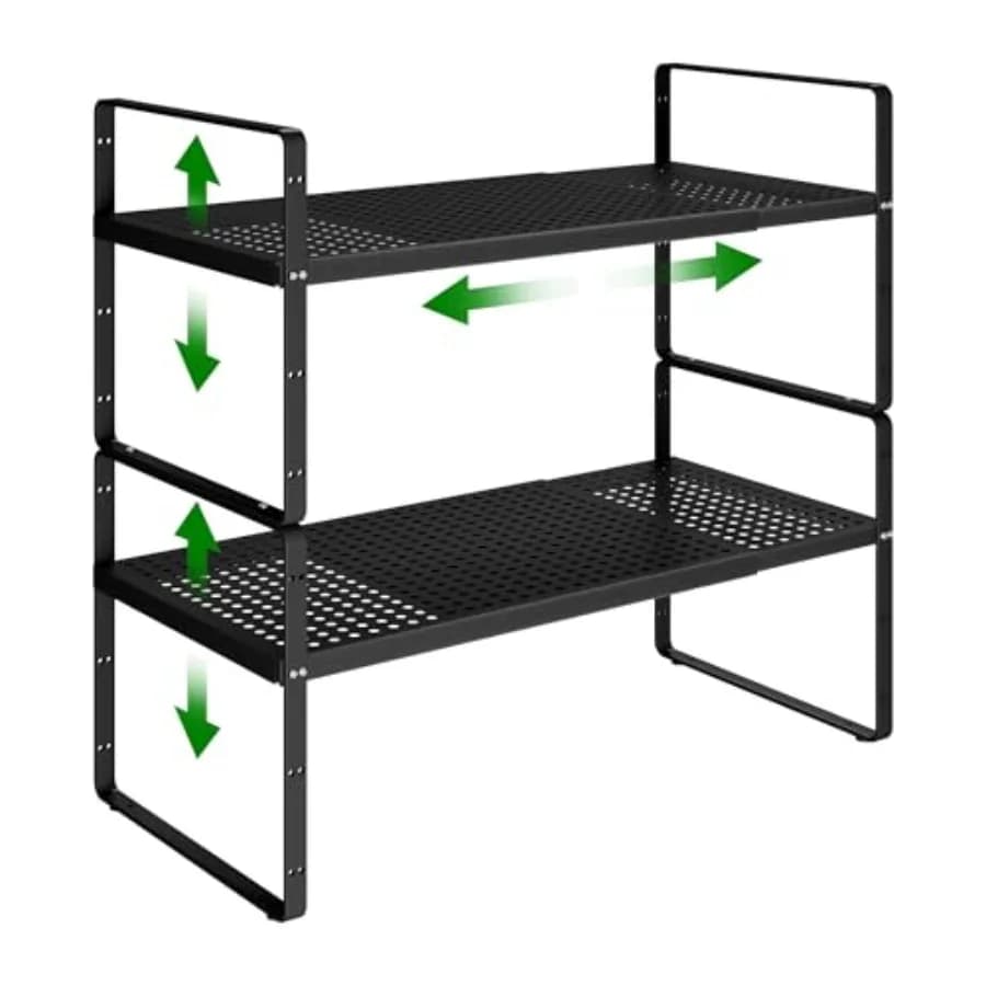 Heavy Duty Metal Organizer Rack for Kitchen Cabinet Pantry Bathroom - Black, Stackable Counter Storage Shelf, 16.5-27 L x 10.2