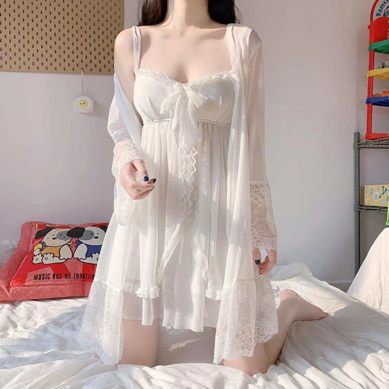 Elegant and Simple Women's White Night Shirt Set, Chic with Lace and Bow on the Net, Breathable and Fitted