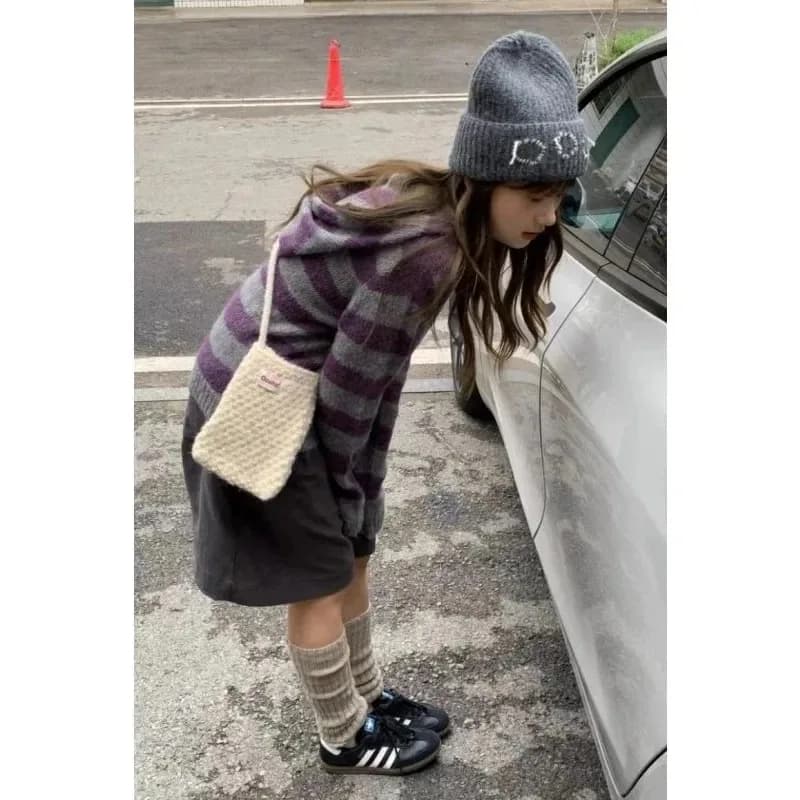 Korean Style Lazy High-end Striped Hooded Sweater for Women Autumn and Winter 2025 New Loose Knitted Sweater Top