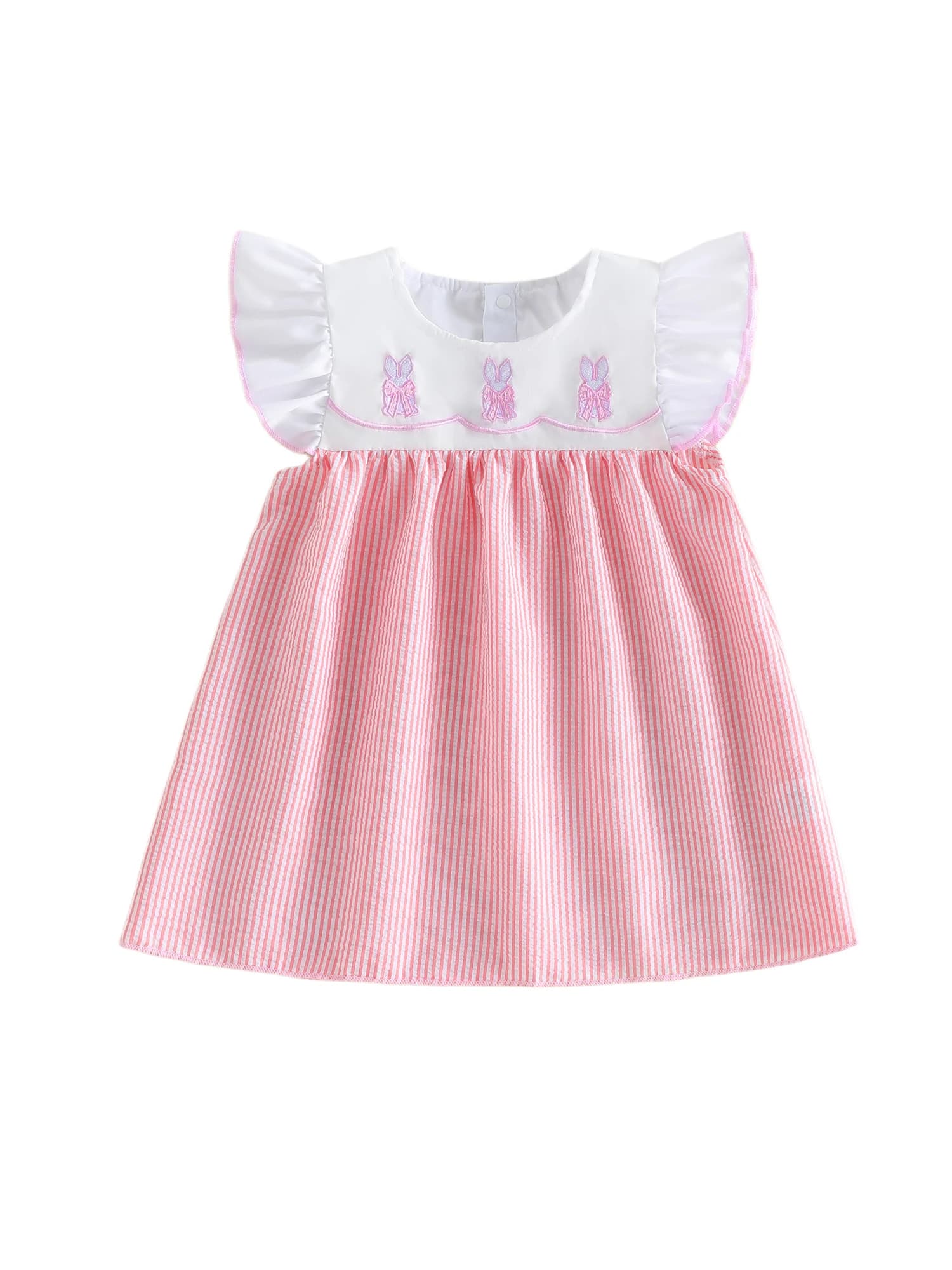 Elegante abito pasquale per bambina con delicato ricamo floreale, scollo rotondo, maniche svolazzanti e gonna a trapezio a righe