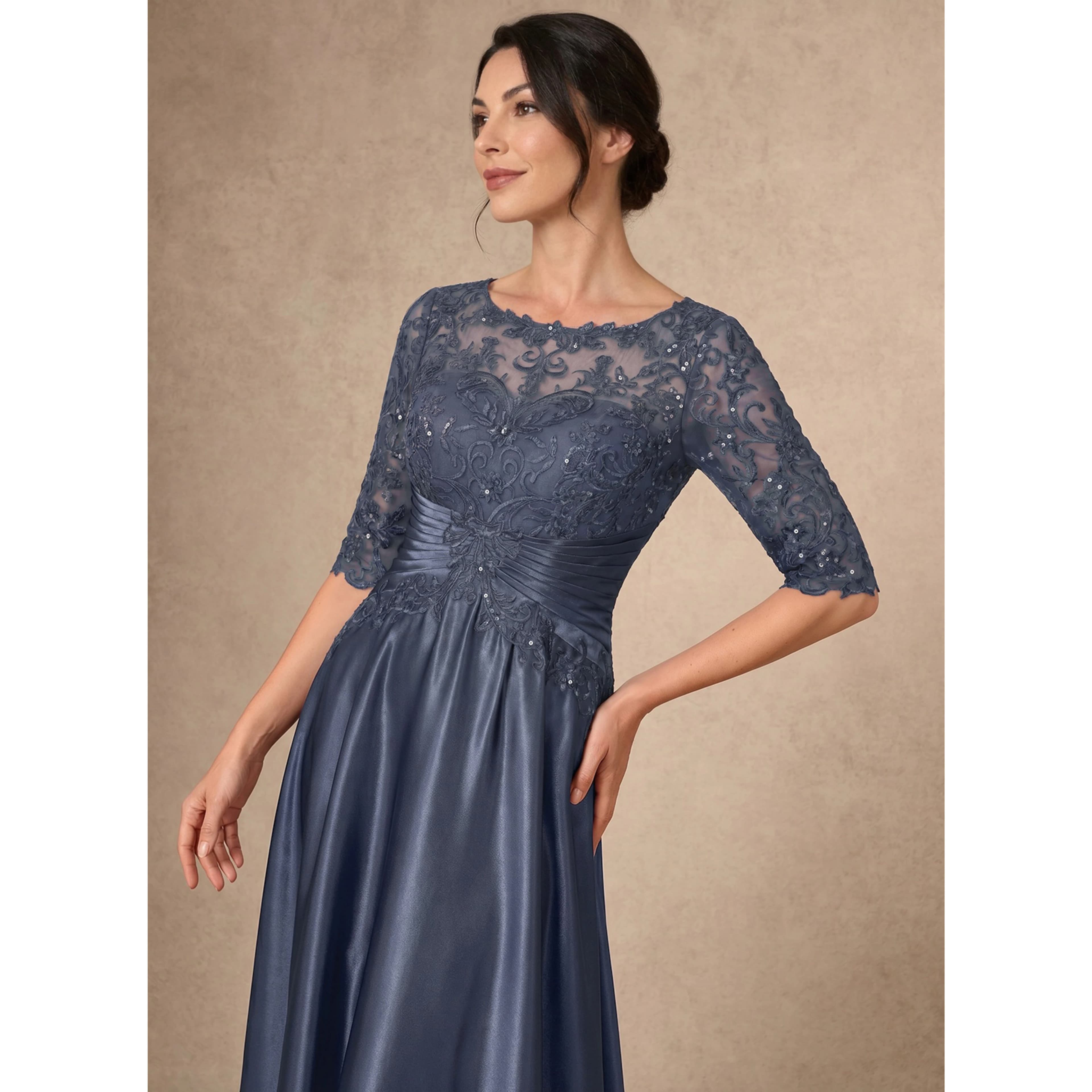 Abito Elegante da Cerimonia per la Madre della Sposa 2026, Mezza Manica, Scollo a O, in Raso, Linea ad A, con Applicazioni, per Banchetti e Feste Formali