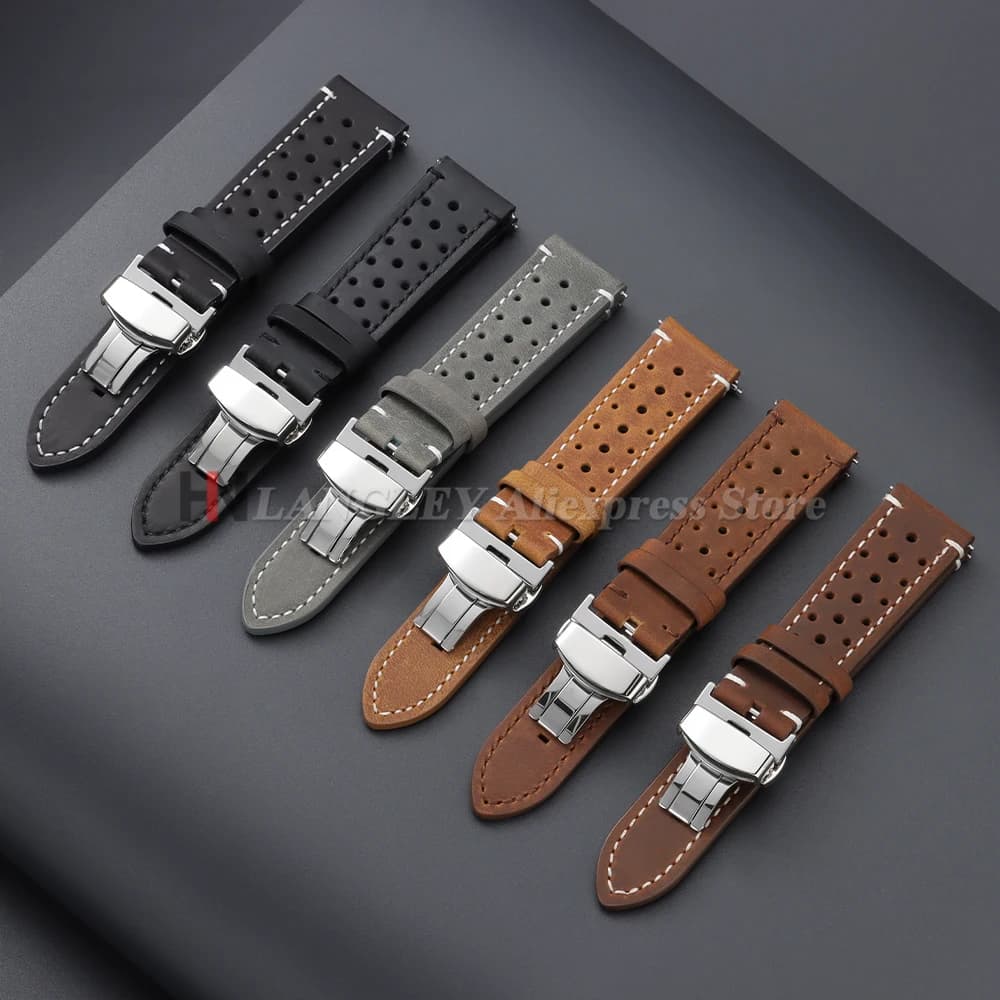 Racing Leather Watch Band 18/19/20/21/22/24mm Breathable Porous Strap for Seiko for Omega Butterfly Buckle Men Watch Accessories