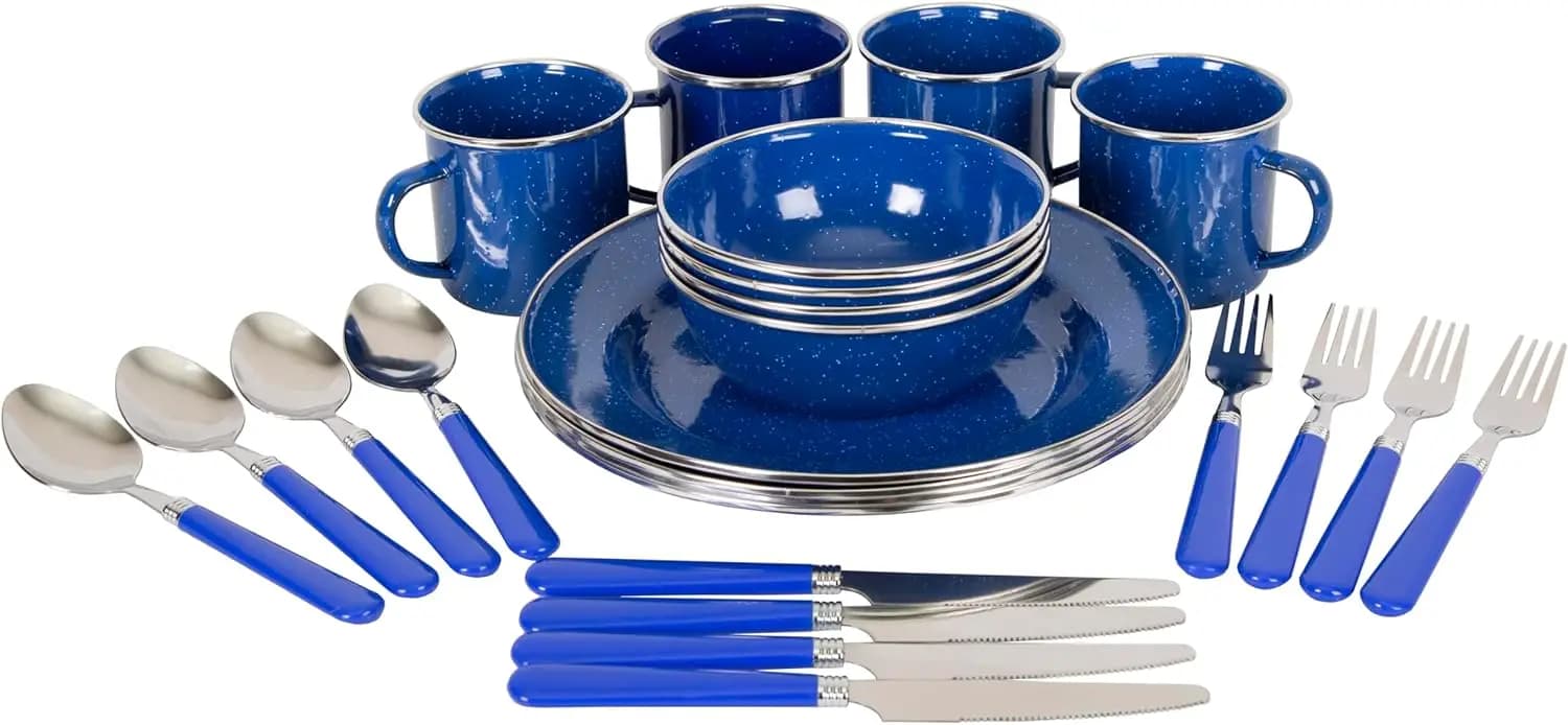 Set da tavola smaltato da 24 pezzi per campeggio e zaino in spalla: piatti e ciotole leggeri e resistenti per 4 persone