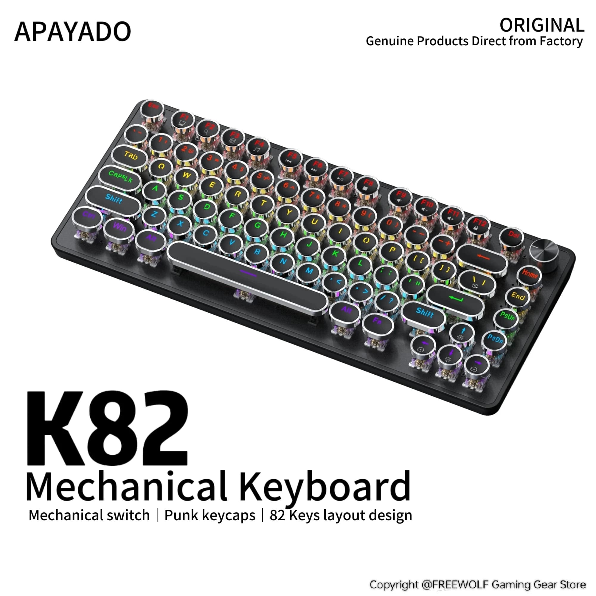 Tastiera meccanica APAYADO K82 in stile punk nero, connessione cablata, RGB, manopola di controllo multimediale, funzione hot-swappable per tutti i tasti