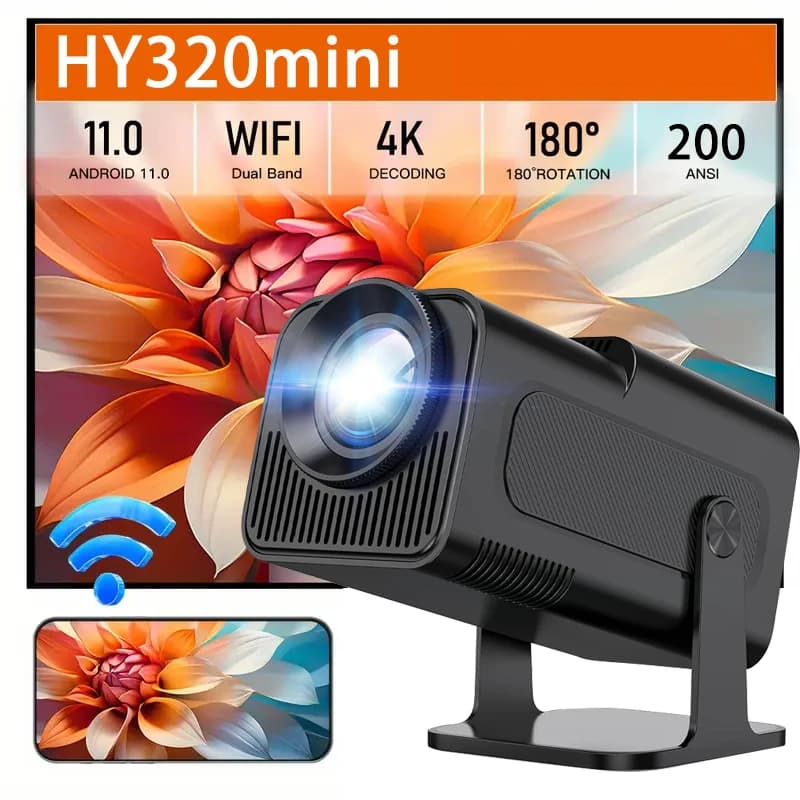 Mini proiettore portatile HY320mini - Decodifica 4K e 1080P, 180 ° Rotazione, Wi-Fi dual band 6, forniture per feste luminose, HY300 aggiornato