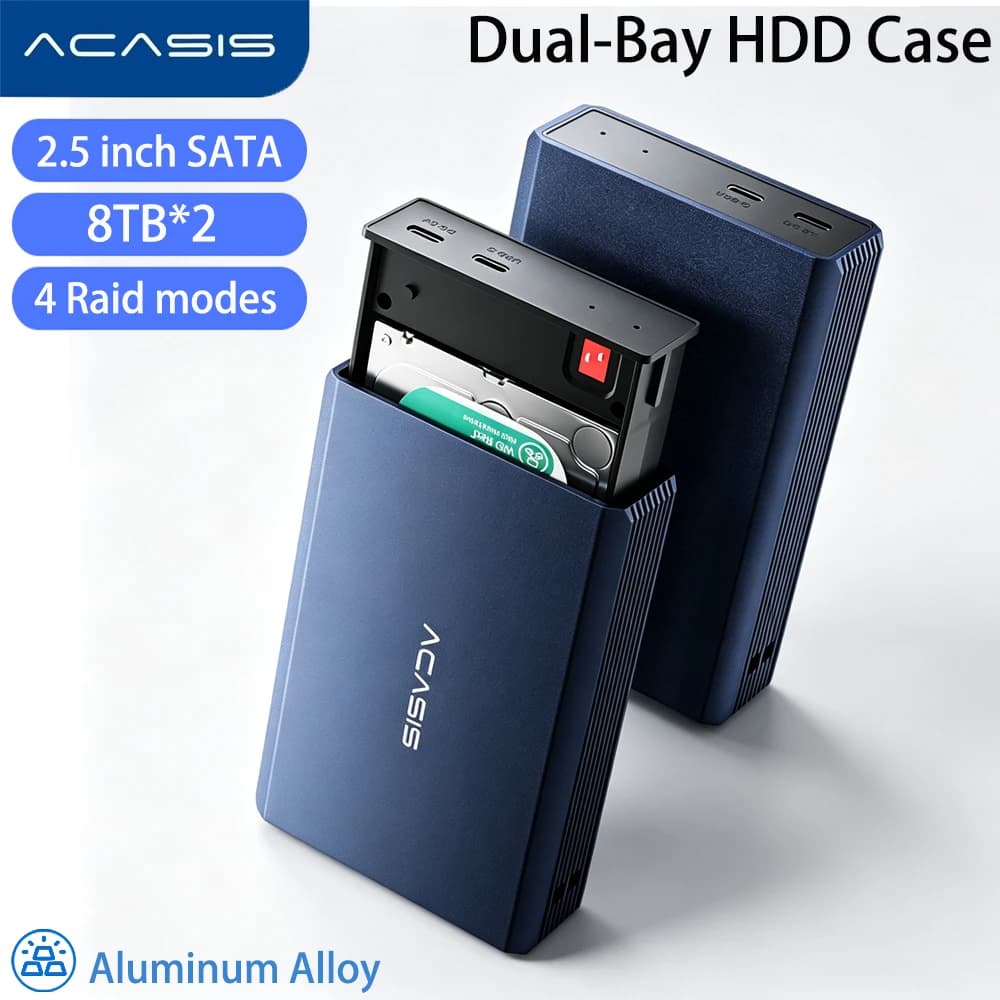 ACASIS Dual‑Bay 2.5 Inch SATA HDD SSD Enclosure Aluminum Alloy USB 3.0 Dual Hard Drive Dock Support RAID/JBOD Tool‑Free 2*8TB External Hard Drive Disk Array Case
