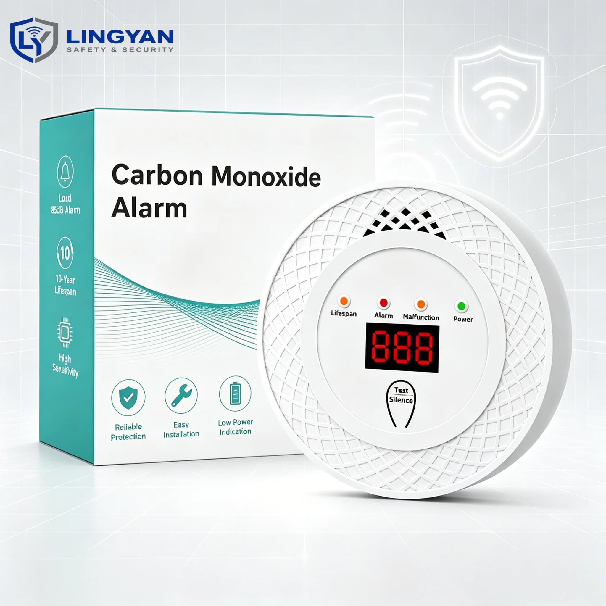 85dB Sound Light CO Alarm, built-in LED PPM display, battery-free structure for indoor carbon monoxide monitoring