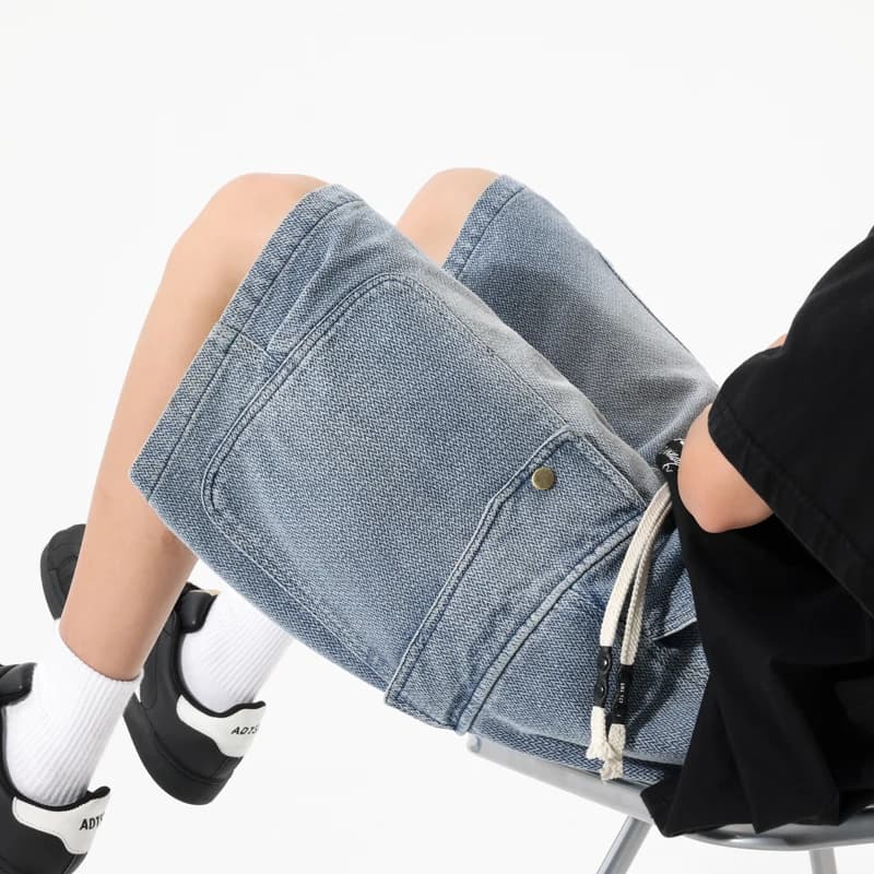 Retro Denim Shorts for Men Loose Straight Leg Multi-pocket Short Jeans Pants Summer 8XL Elastic Waist Drawstring Jean Shorts Man