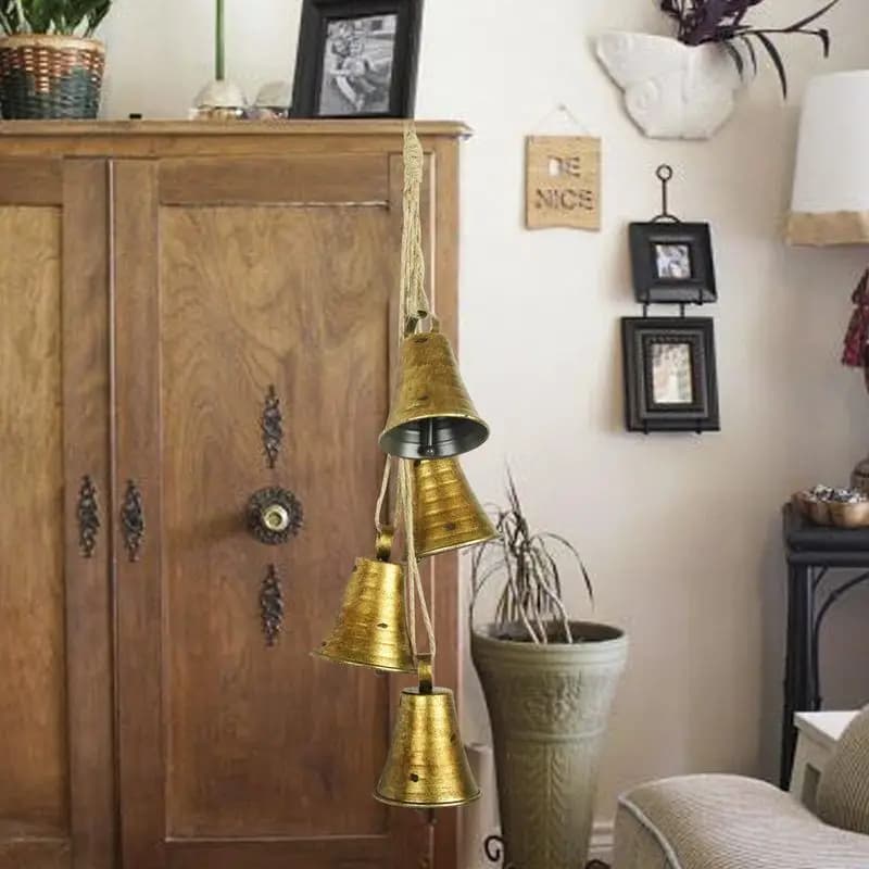 Golden Christmas Bell Ornaments Set of 4, Jute Rope Hanging Charms, Wind Chimes for Door & Home Xmas Decoration