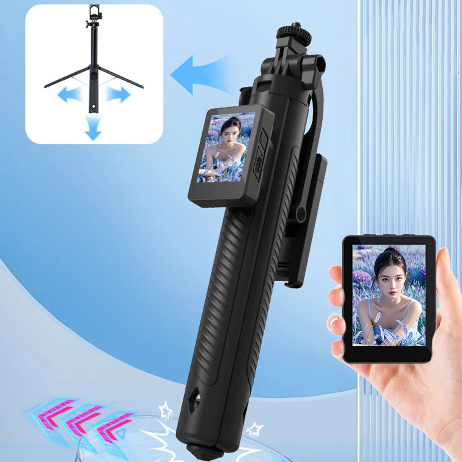 【Nuovo】 Treppiede per selfie con specchio per schermo wireless 1,65 m Bastone selfie per telefono con fotocamera posteriore Bluetooth allungabile per vlogging da viaggio
