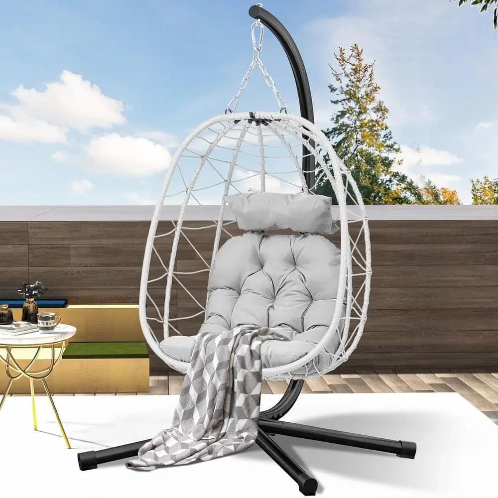 Sedia a dondolo sospesa a forma di uovo con supporto, sedia a uovo in vimini con cuscini, portata 150 kg, per patio, camera da letto, giardino e balcone, leggera