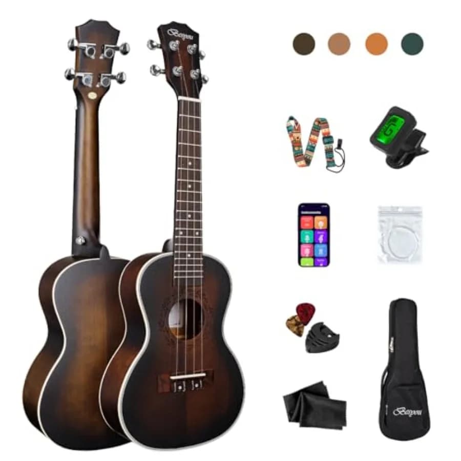 Beginner ukulele for kids and adults: mahogany concert uke with tuner, gig bag, strap, carbon nylon strings, picks, clothideal