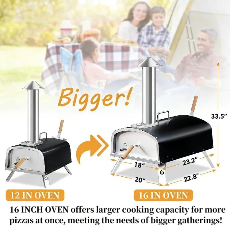 16" Outdoor Pizza Oven Propane and Wood Fired Stainless Steel Grill with Burner, Wood Tray Stone, Peel