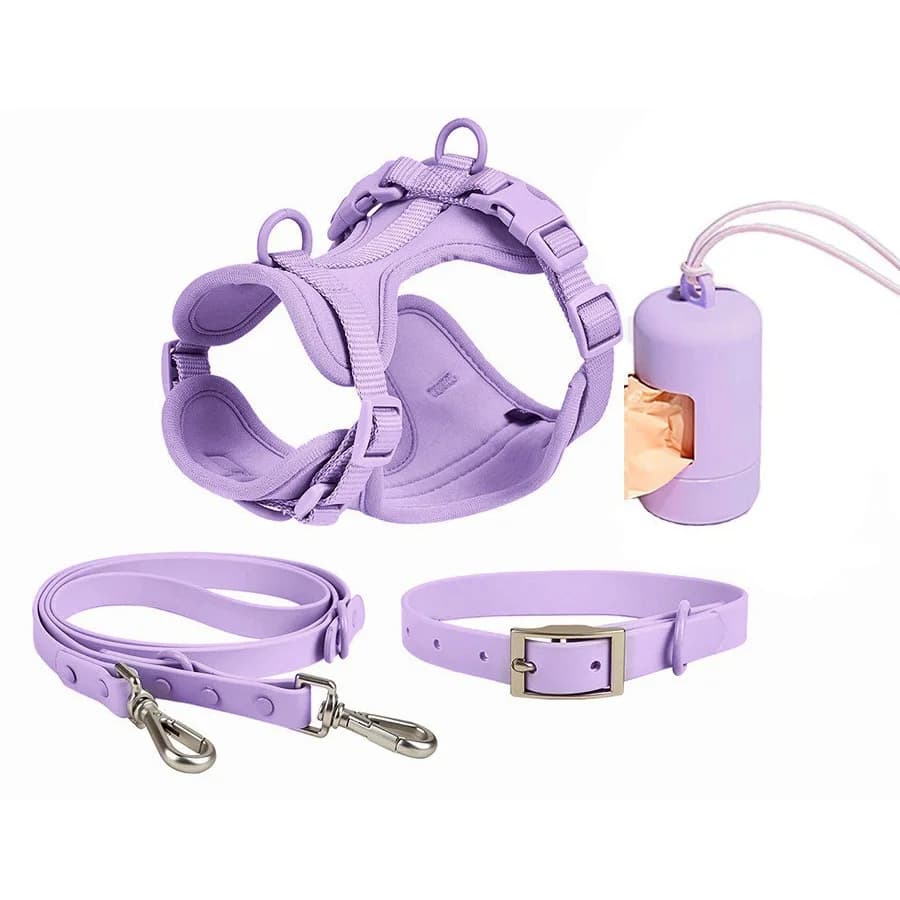 Waterproof Dog Harness Leash Collar Poop Bag Holder Set 4-in-1 Anti-Bite PVC Dog Walking Set Adjustable Pet Harness Leash Collar