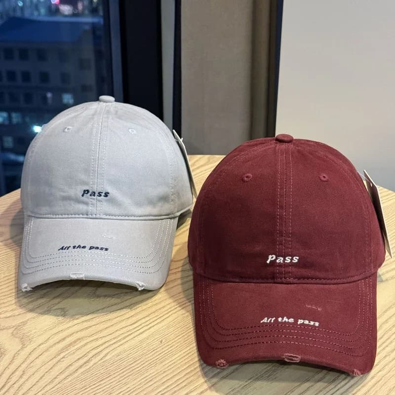 Korean Frayed Vintage Baseball Cap – Letter Embroidery Soft Crown Hat, Textured Stripe Design, Slimming Daily Wear
