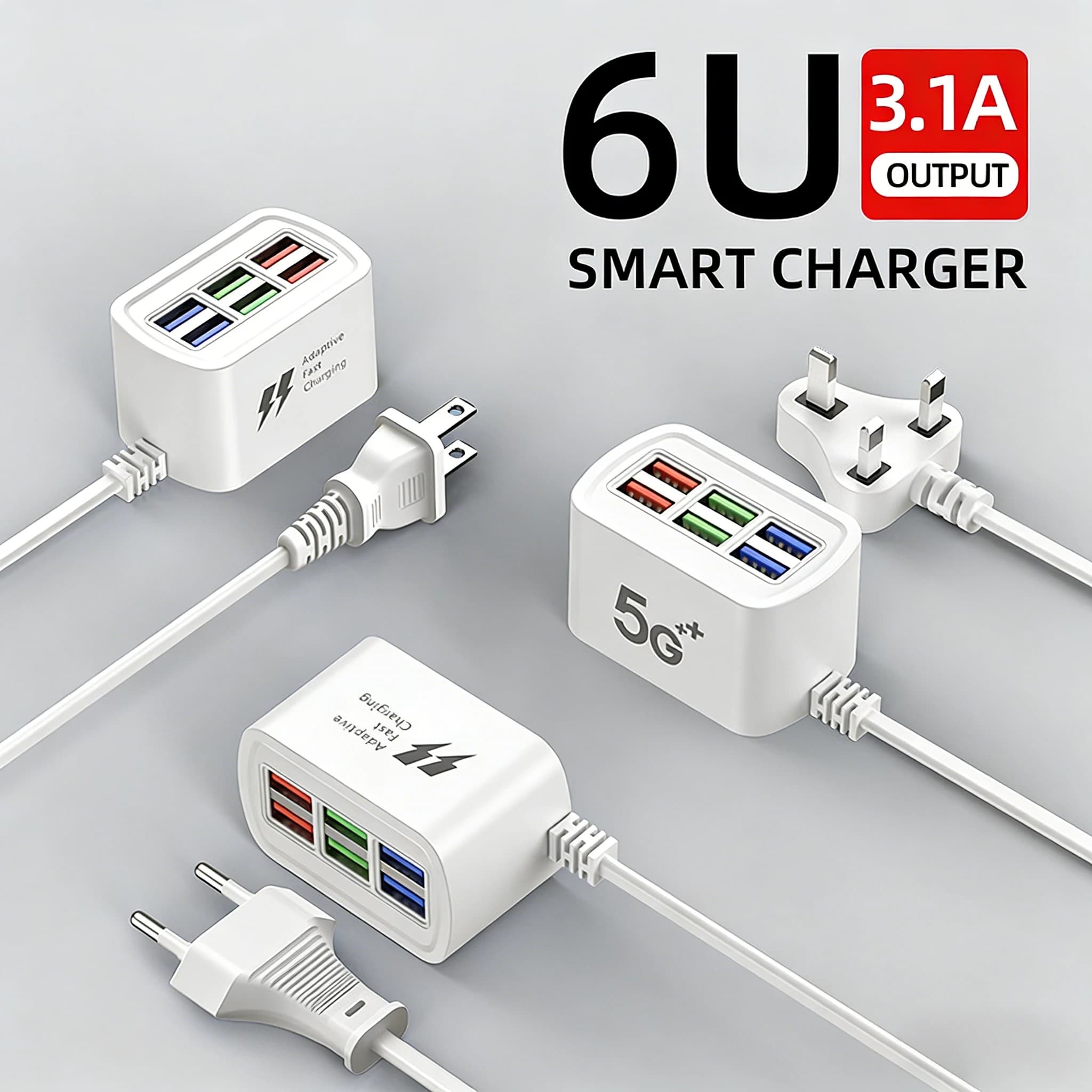 Multipresa USB QC3.0 con ricarica rapida, stazione di ricarica da tavolo 6 in 1, cavo di ricarica rapida da 1 m, adattatore USB HUB.