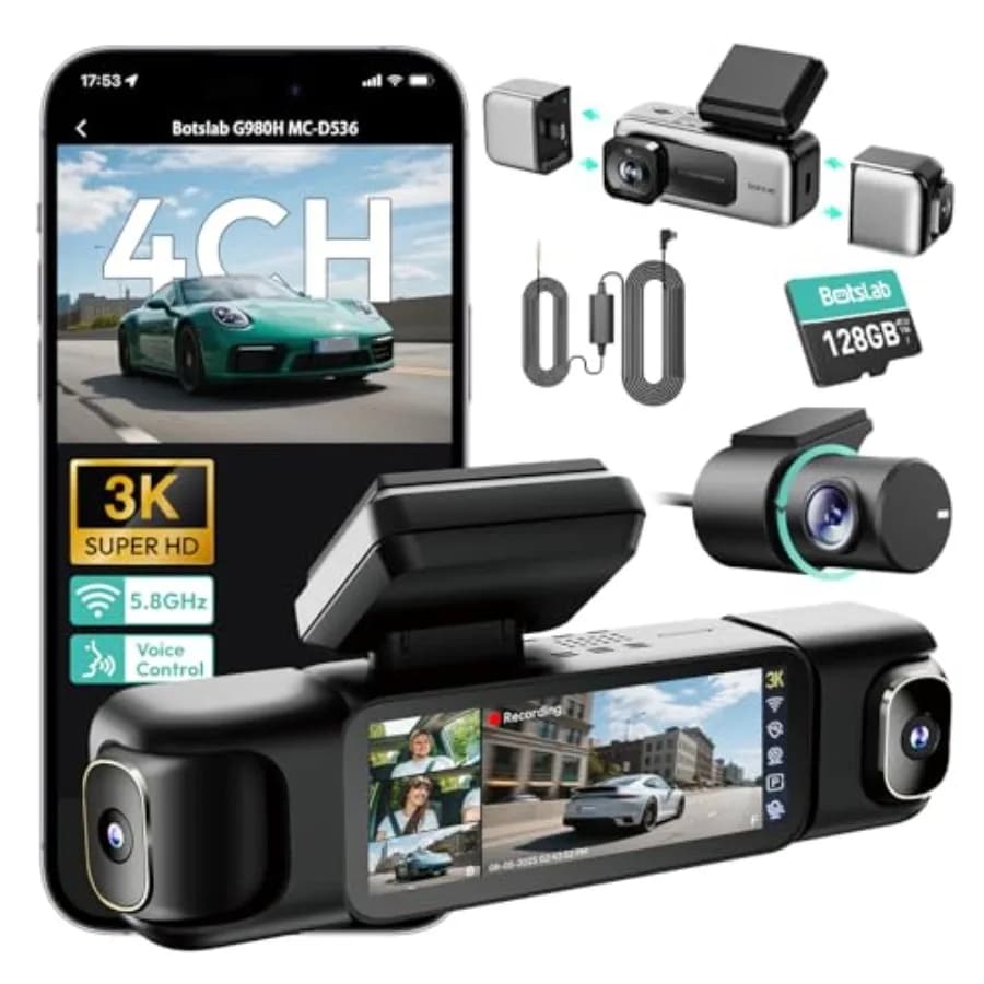 Dash cam per auto, dispositivo in plastica nera con risoluzione 3K, visione a 360° su tutti i lati, visione notturna, controllo vocale, touchscreen, PA