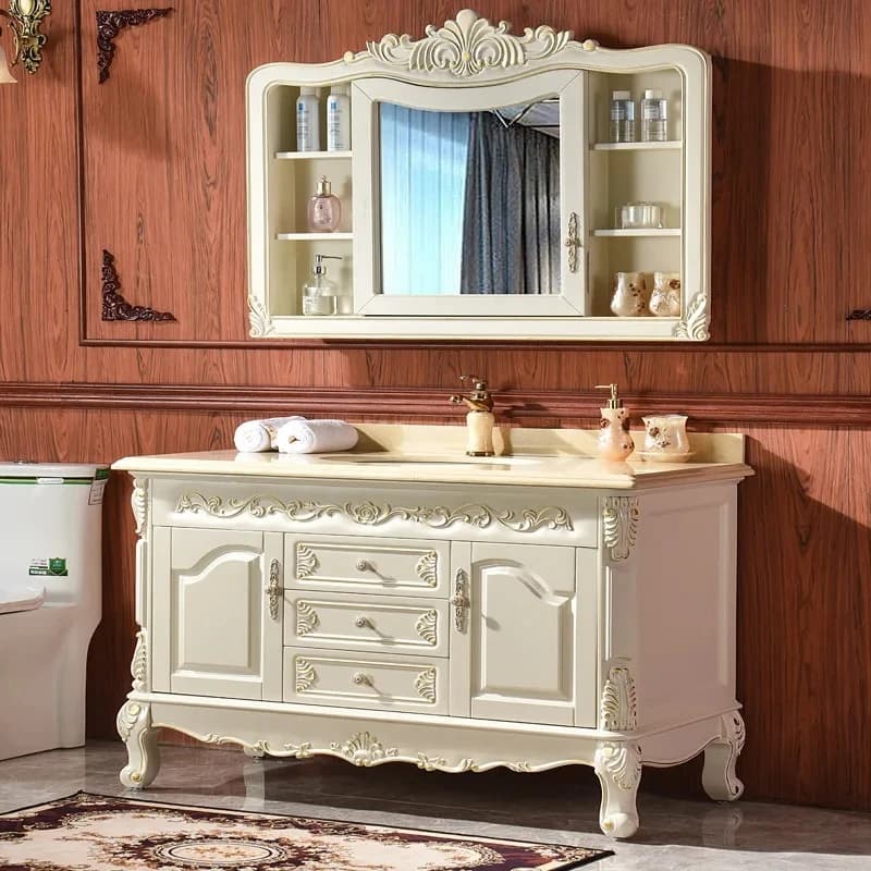 Mobile da Bagno di Lusso in Legno di Quercia Massello con Lavabo a Pavimento e Piano in Marmo