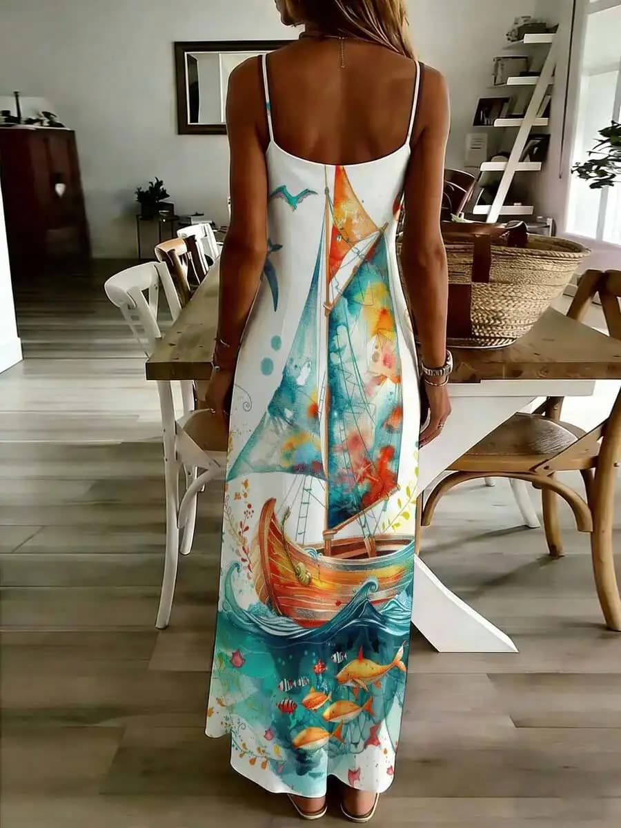 Colorful Sailboat Print Sleeveless Maxi Dress With Ocean Fish Design For Beach Vacation Summer Casual Wear