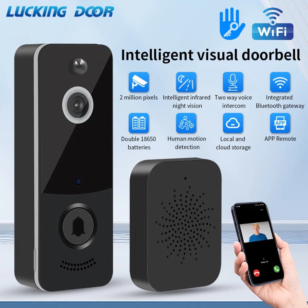 TTLOCK Smart Video Campanello 1080P HD Monitor di sicurezza esterno con citofono wireless WiFi da 2,4 GHz Rilevamento impermeabile