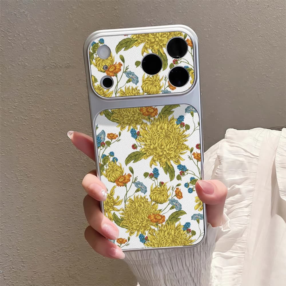 Matte Leather Plating Phone Case For iPhone 17 Pro Max XS 17Air 17E 15 14 13 12 11 16 Pro X XR Yellow Chrysanthemum Flower Cover