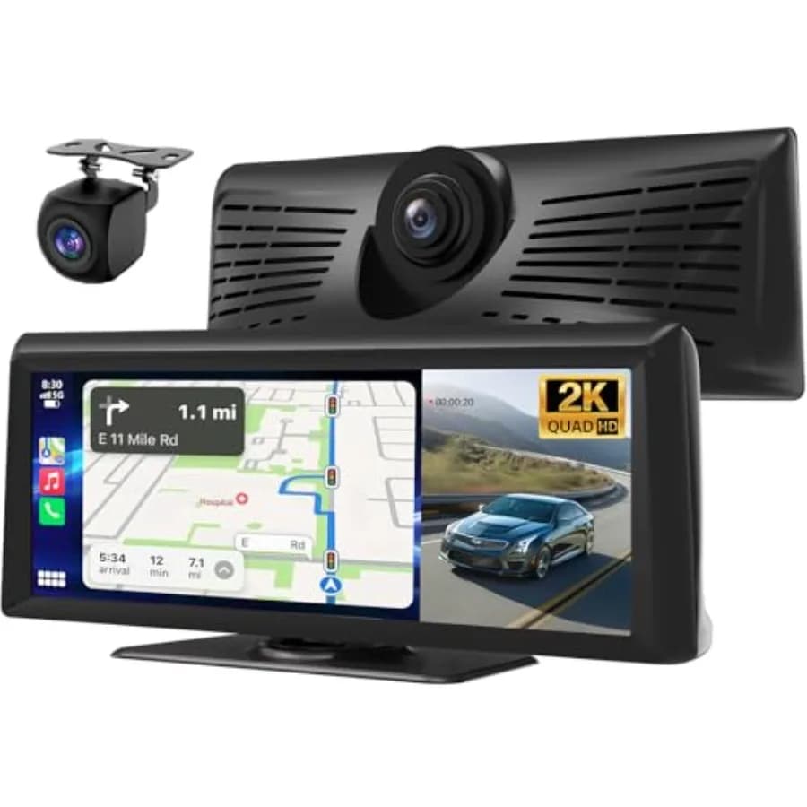 Schermo CarPlay wireless per montaggio su cruscotto auto: dash cam 2K, touchscreen HD 8.1, stereo portatile nero con controllo vocale Bluetooth M