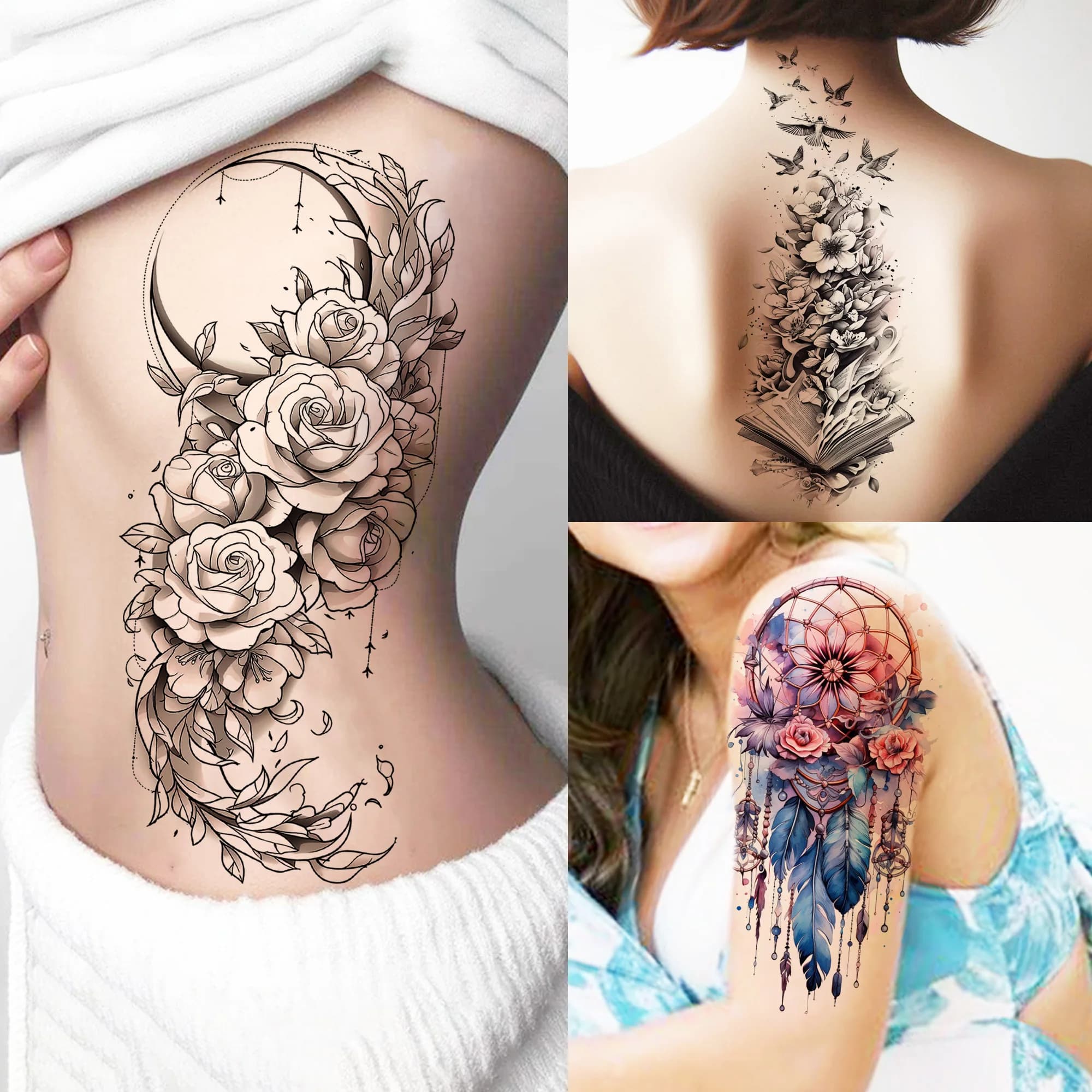 1 foglio Chic Mezzaluna Fiori Tatuaggi temporanei per donne Ragazze Tatuaggi Body Art Adesivi per tatuaggi finti realistici impermeabili