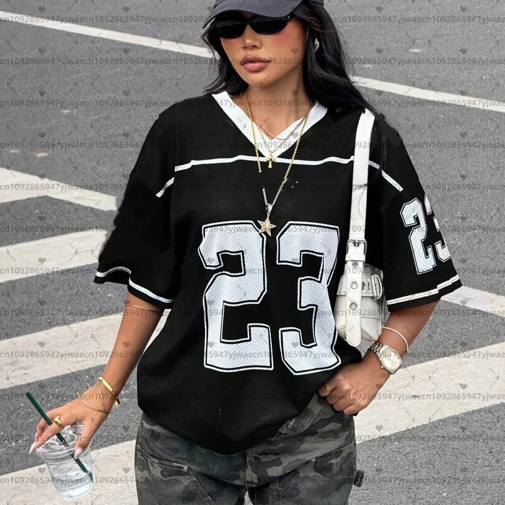26 Women American Retro 23 Print T-shirt da baseball a maniche corte con scollo a V in tessuto a rete leggero e traspirante T-shirt da donna in jersey