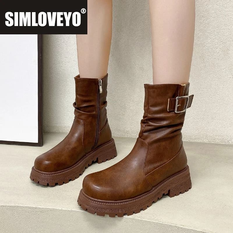 SIMLOVEYO Casual Ankle Boots Round Toe Chunky Heel 4.5cm Platform Side Zipper Buckle Small Sizes 31 32 33