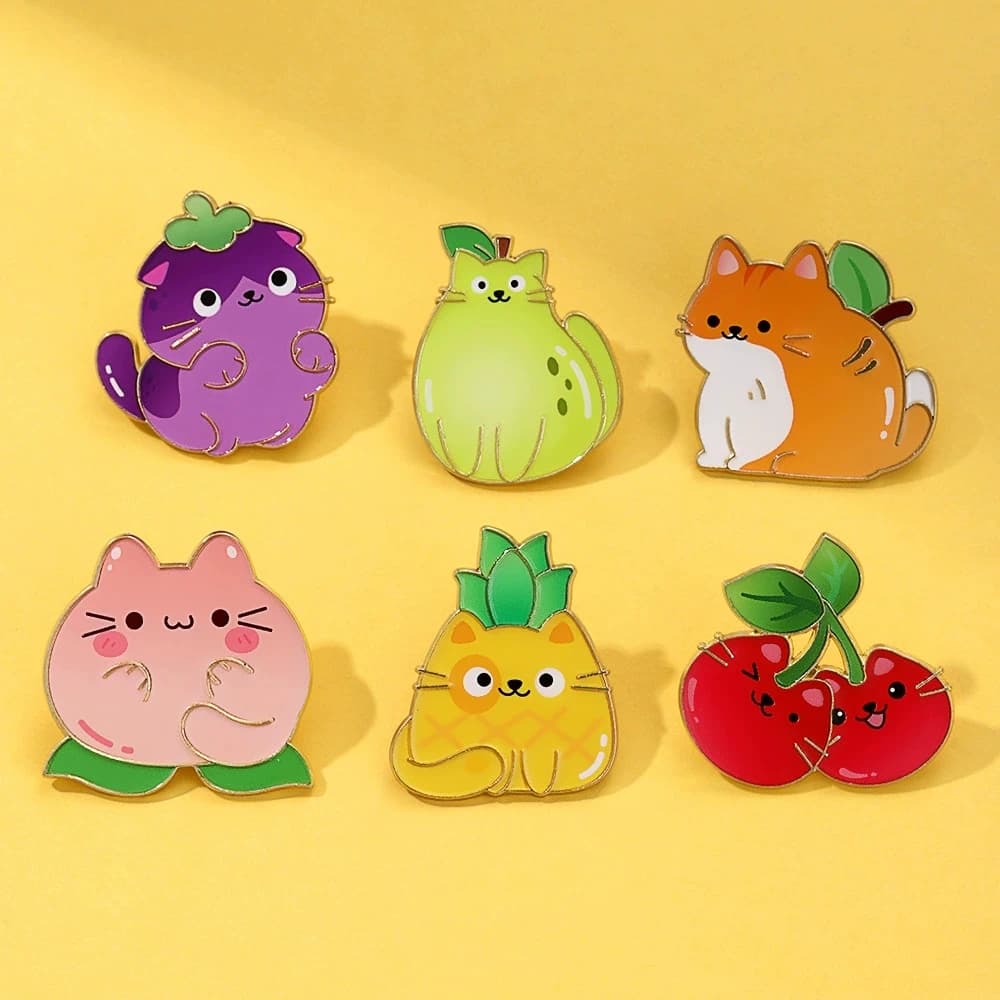 Cute cartoon cat badge featuring creative fruit animals cherry pineapple and peach metal brooch pin decoration For Bag Clothing