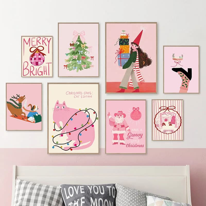 Santa Claus Girl Cat Christmas Tree Deer Gift Posters Prints Canvas Painting Nordic Wall Art Picture For Living Room Home Dec