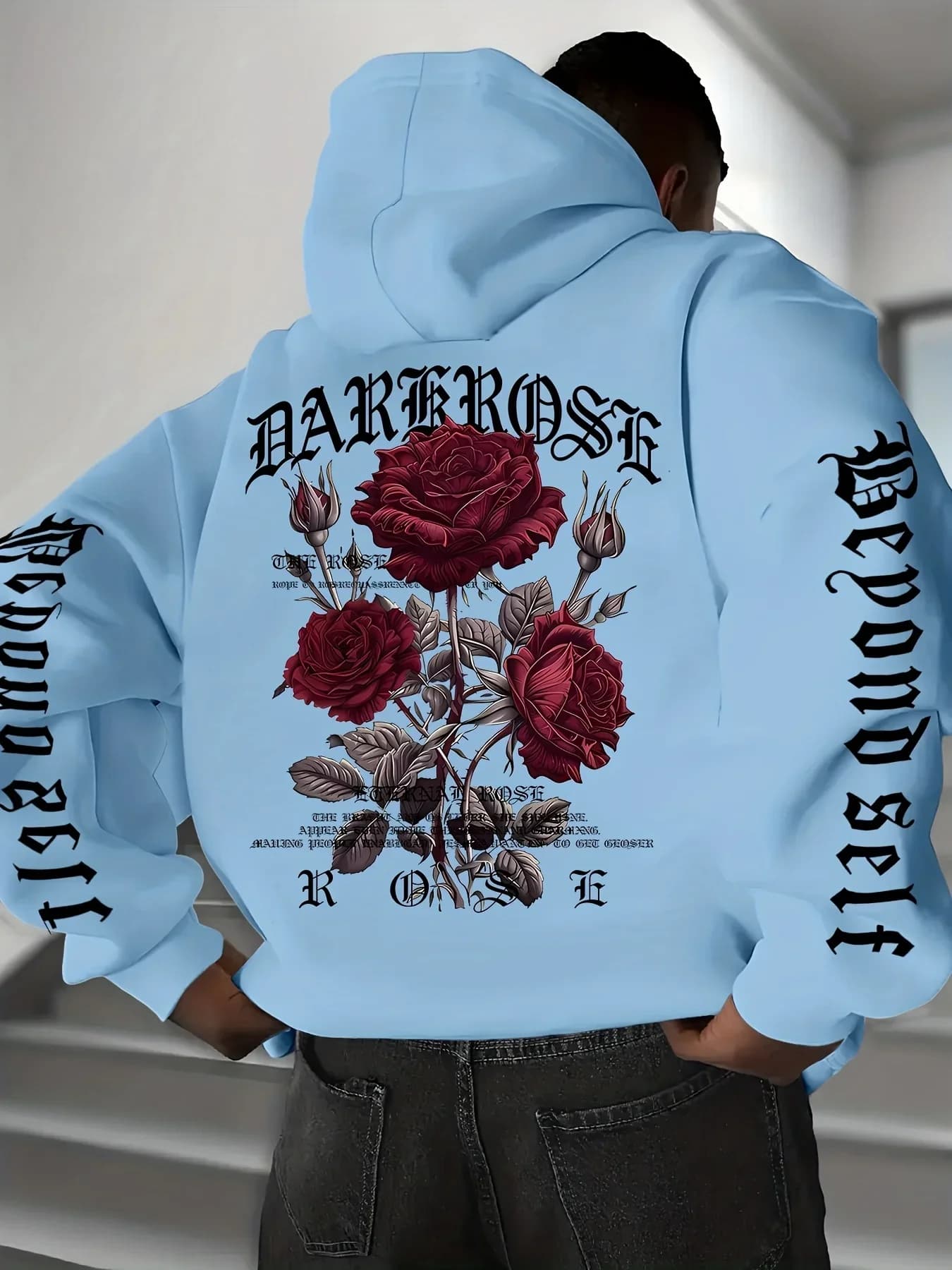 Autumn Winter Gothic Rose Print Hoodie Men Women Oversized Light Blue Streetwear Pullover Sweatshirt With Sleeve Letter Graphic