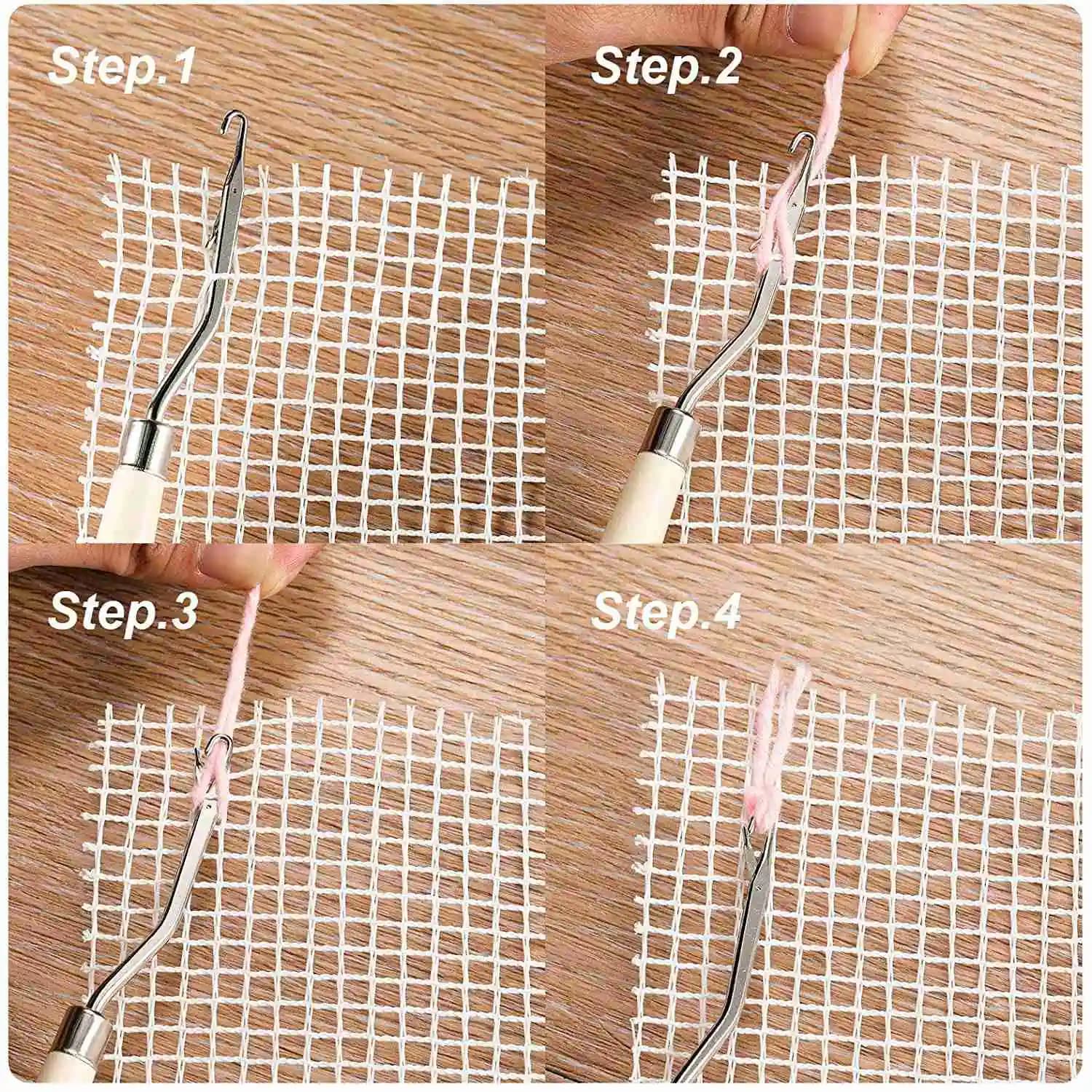 ABWZ-2Pcs Blank Rug Hooking Mesh Latch Hook Canvas Kit With 2 Pcs Wooden Bent Crochets For DIY Rug Tapestry (19X19 Inch)