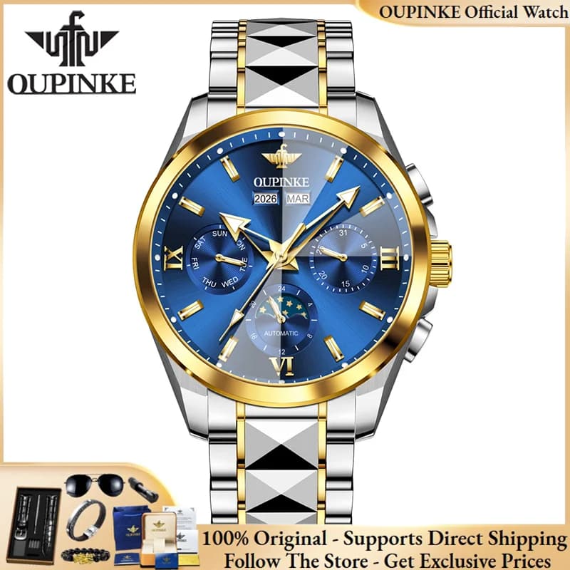 OUPINKE 3325 Brand original authentic watches for man luxury Gift Box Steel belt diamond-shaped mirror mechanical men's watch