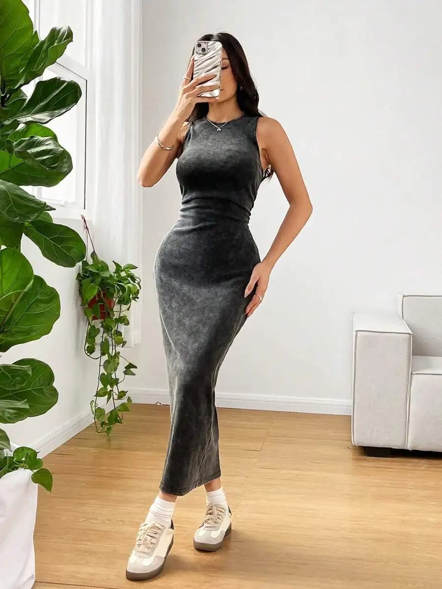 Distressed Acid Washed Round Neck Sleeveless Bodycon Midi Dress