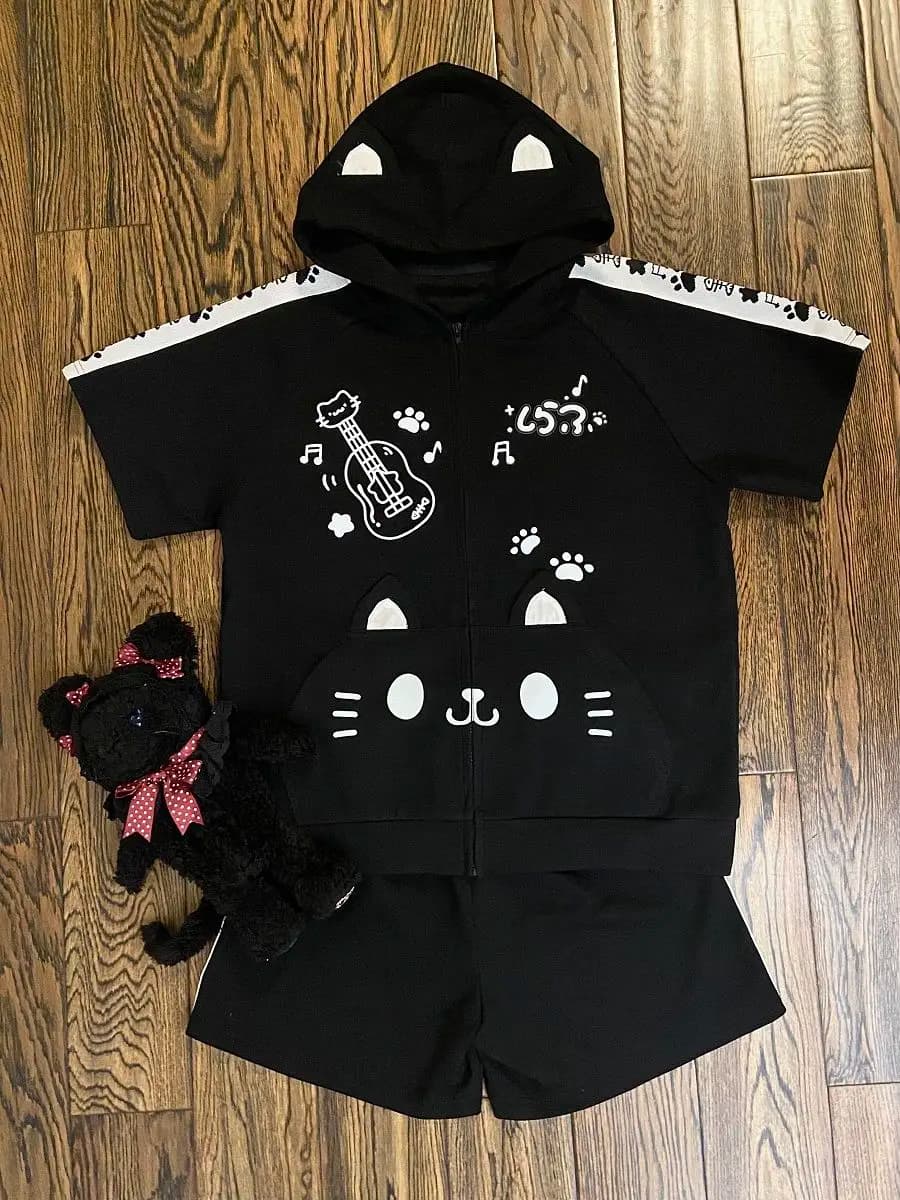 Felpa con cappuccio con cerniera a maniche corte con orecchie di gatto carine giapponesi originali + pantaloncini casual Anime set di due pezzi abiti da donna abiti Y2k