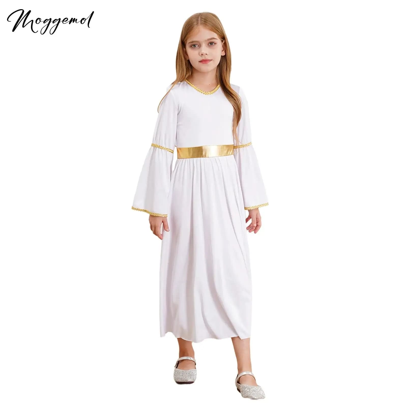 Costume cosplay da angelo per ragazze Abito da angelo a maniche lunghe con finiture dorate Abito patchwork per spettacoli teatrali di feste cosplay di Halloween