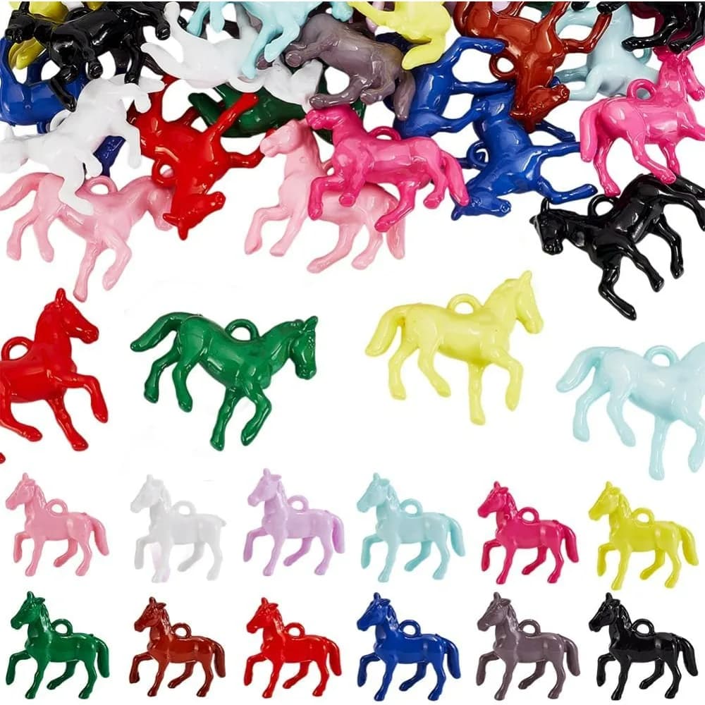 48pcs Opaque Acrylic Pendants 12 Colors Little Horse Animal Resin Charms Horsemanship Pendants Colorful Craft Beads making kit
