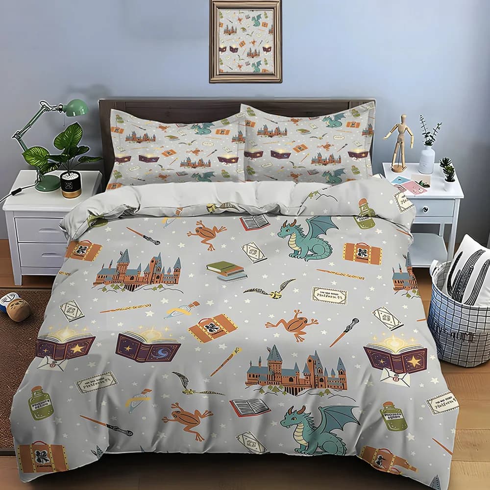 Set di biancheria da letto con motivi magici e castello, 3 pezzi, 1 copripiumino, 2 federe, per adulti e bambini, regalo di lusso, misura completa