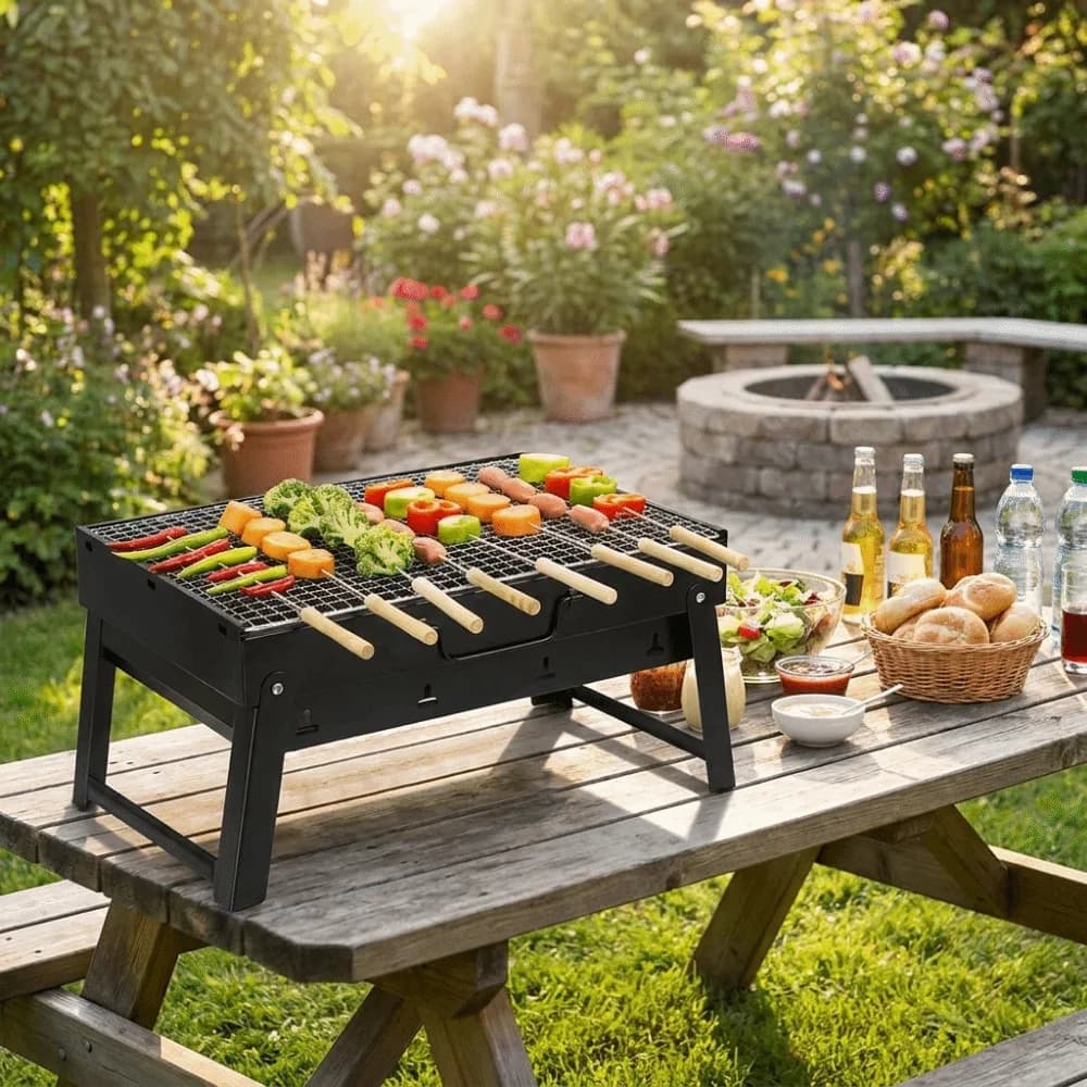 Griglia BBQ Portatile Rinforzata, Salvaspazio, Facile da Trasportare, Griglia a Carbone Pieghevole per Campeggio, Resistente, Piccola Griglia per Cucina all'Aperto