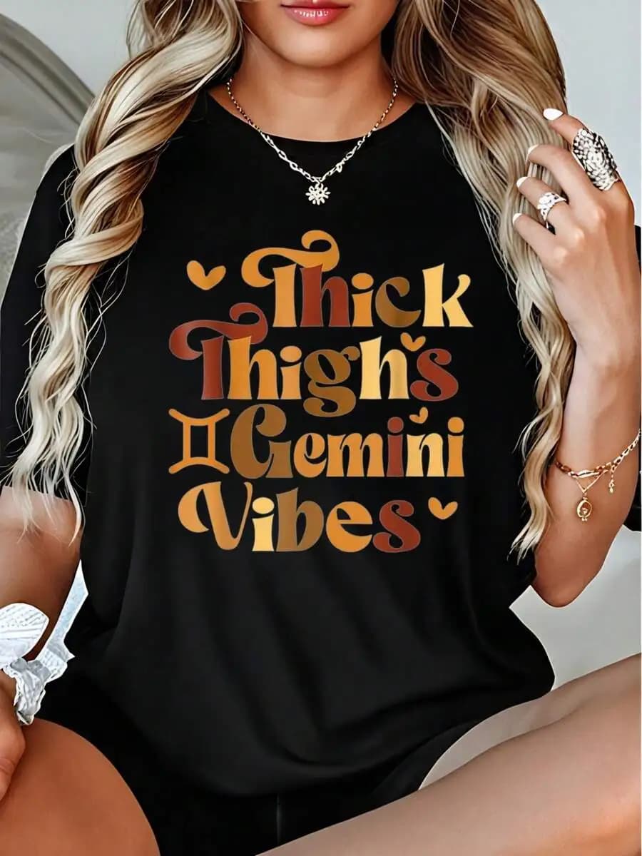 T-shirt da donna con stampa Zodiac Gemini, con stampa Thick Thighs & Gemini Vibes, casual, girocollo, in cotone